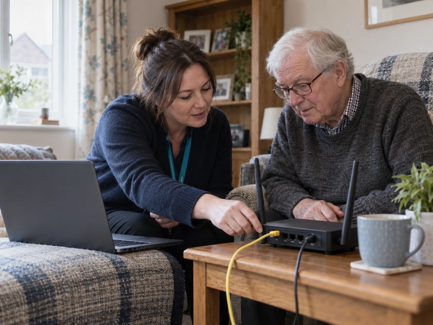 Person helping older adult with broadband and internet setup