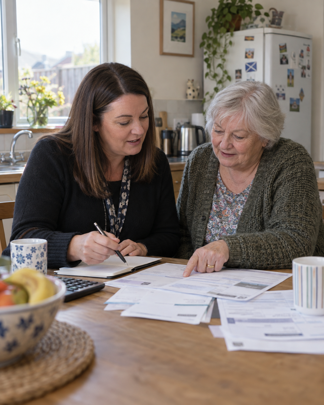 Caregiver and elderly woman reviewing energy bills at kitchen table